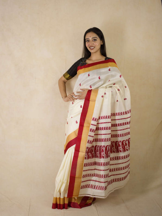 HANDWOVEN CREAM COLOUR GOROD SILK SAREE WITH OUT BLOUSE PIECE