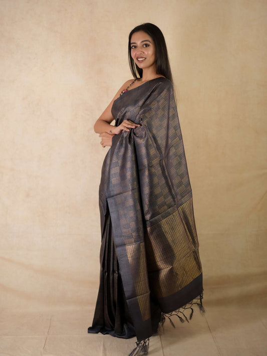 HANDWOVEN DARK GREY COLOUR KOSA SILK SAREE WITH 83 CM BLOUSE PIECE