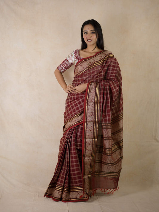 HANDWOVEN DARK MAROON COLOUR KANCHI COTTON SAREE WITH 67 CM BLOUSE PIECE
