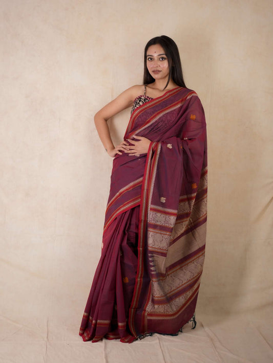 HANDWOVEN DEEP MAROON COLOUR KANCHI COTTON SAREE WITH 89 CM BLOUSE PIECE