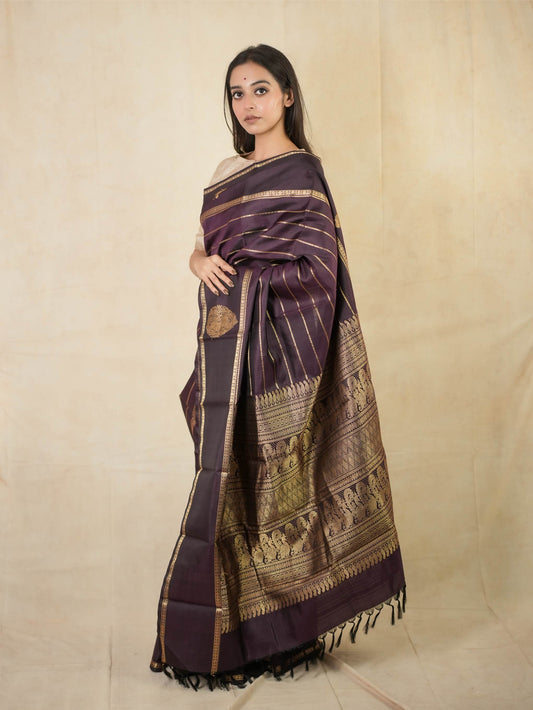 HANDWOVEN DEEP WINE COLOUR KANJEEVARAM SILK SAREE WITH 86 CM BLOUSE PIECE