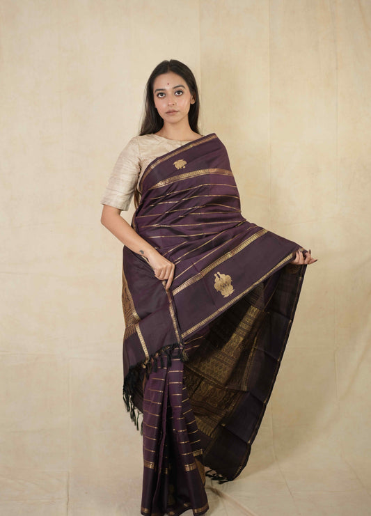 HANDWOVEN DEEP WINE COLOUR KANJEEVARAM SILK SAREE WITH 86 CM BLOUSE PIECE
