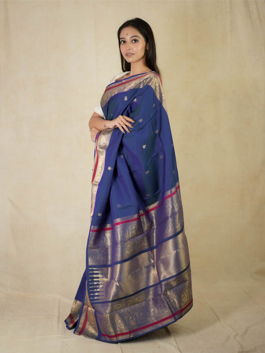 HANDWOVEN DUAL TONE FO BLUE & GREEN COLOUR KANJEEVARAM SILK SAREE WITH 77 CM BLOUSE PIECE