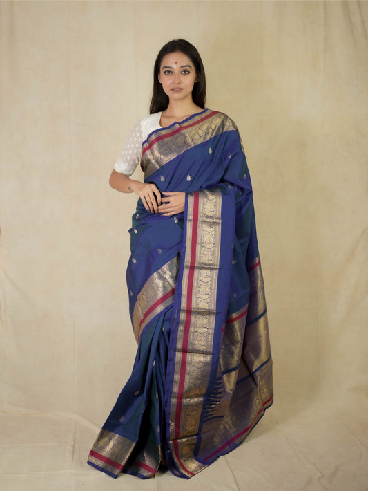 HANDWOVEN DUAL TONE FO BLUE & GREEN COLOUR KANJEEVARAM SILK SAREE WITH 77 CM BLOUSE PIECE