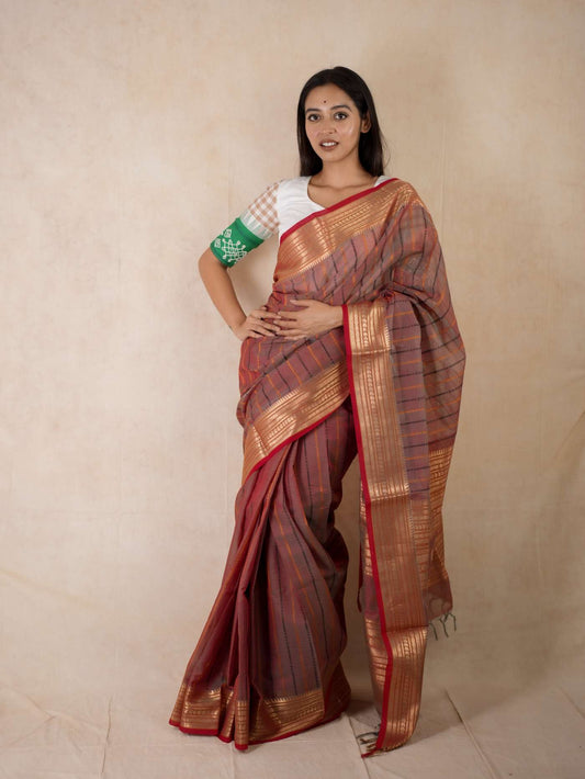 HANDWOVEN DUAL TONE GREEN & RED KANCHIPURAM SILK BY COTTON SAREE WITH 88 CM BLOUSE PIECE