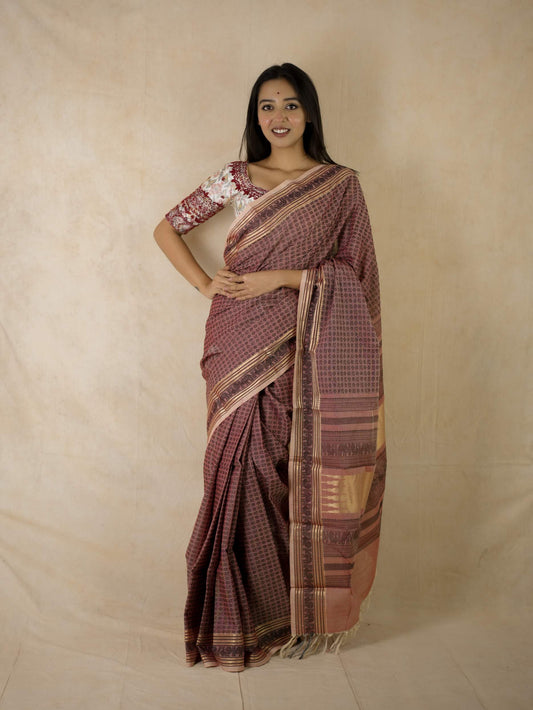 HANDWOVEN DUAL TONE OF BEIGE & LIGHT RED COLOUR KANCHI COTTON SAREE WITH 70 CM BLOUSE PIECE