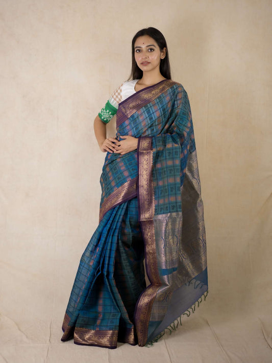HANDWOVEN DUAL TONE OF BLUE & GREEN KANCHIPURAM SILK BY COTTON SAREE WITH 80 CM BLOUSE PIECE