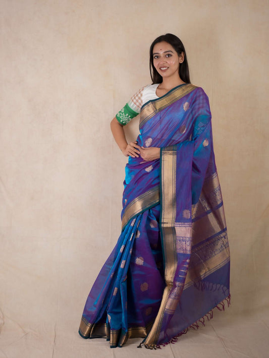 HANDWOVEN DUAL TONE OF BLUE & PINK KANCHIPURAM SILK BY COTTON SAREE WITH 88 CM BLOUSE PIECE