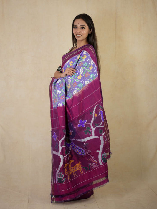 HANDWOVEN DUAL TONE OF GREY AND PURPLE COLOUR POCHAMPALLY SILK SAREE WITH 82 CM BLOUSE PIECE