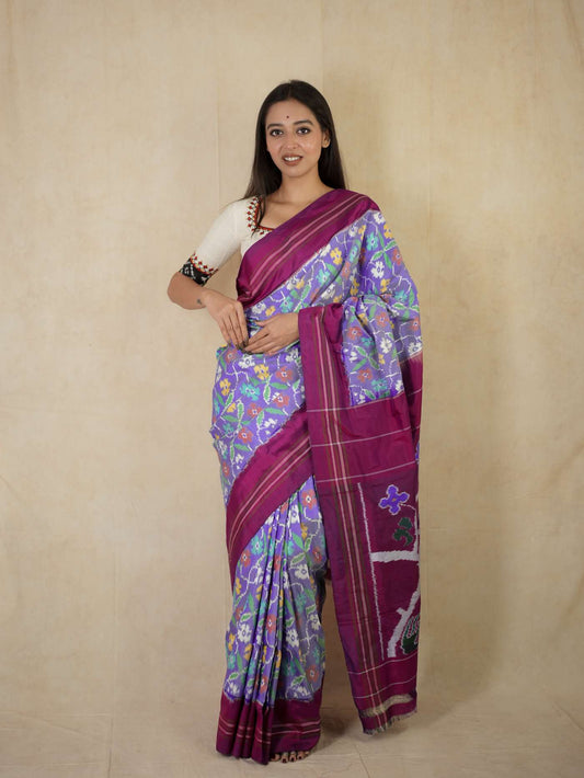 HANDWOVEN DUAL TONE OF GREY AND PURPLE COLOUR POCHAMPALLY SILK SAREE WITH 82 CM BLOUSE PIECE