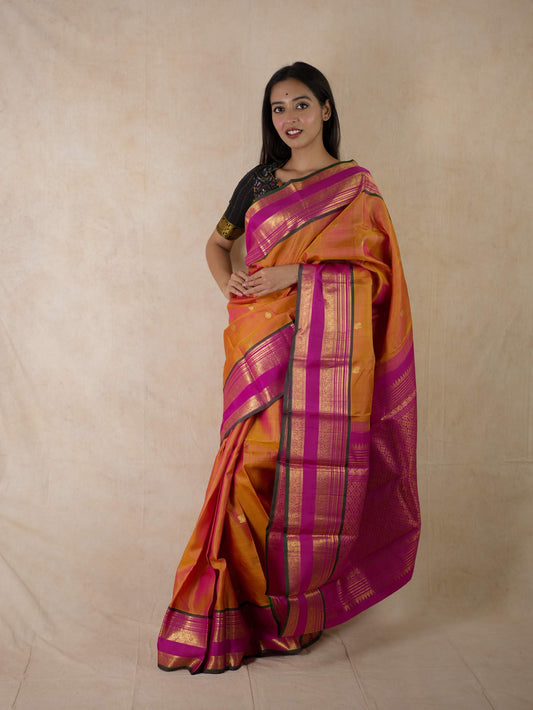 HANDWOVEN DUAL TONE OF ORANGE & RANI PINK BORDER COLOUR KANJEEVARAM SILK SAREE WITH 76 CM BLOUSE PIECE