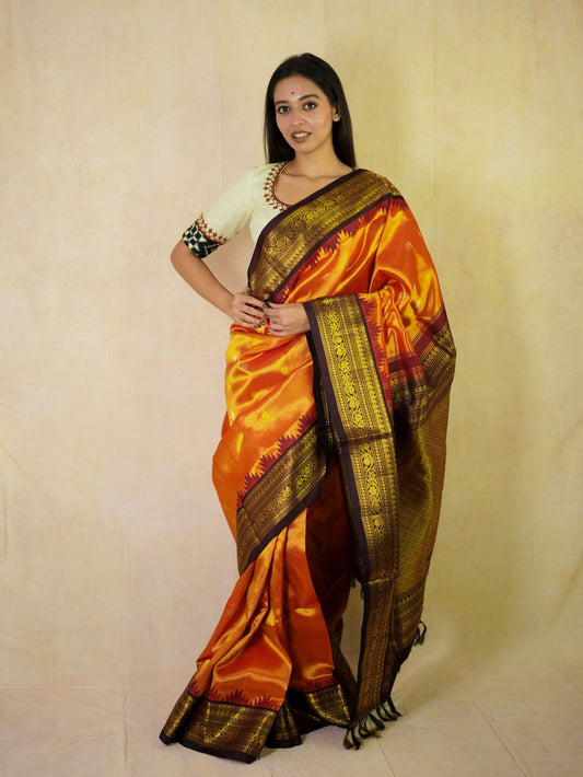 HANDWOVEN DUAL TONE OF RED AND ORANGE COLOUR GADWAL SILK SAREE WITH 88 CM BLOUSE PIECE