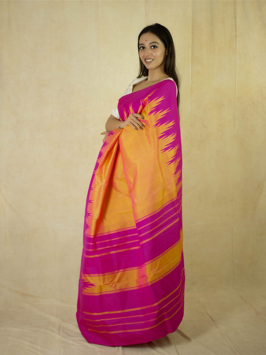 HANDWOVEN DUAL TONE OF YELLOW AND PINK COLOUR KANJEEVARAM SILK SAREE WITH 71 CM BLOUSE PIECE