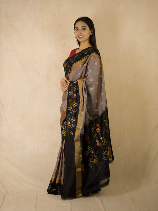 HANDWOVEN DUSTY OLIVE COLOUR POCHAMPALLY SILK SAREE WITH 69 CM BLOUSE PIECE