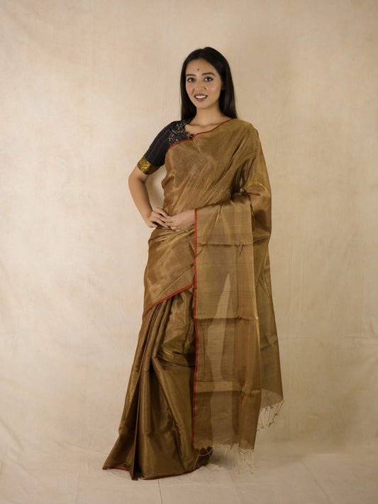 HANDWOVEN GOLDEN COLOUR CHANDERI TISSUE SAREE WITH 71 CM BLOUSE PIECE