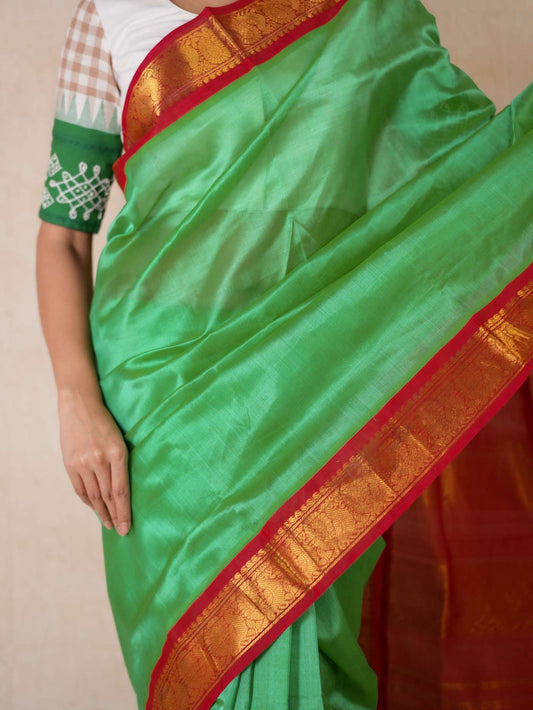 HANDWOVEN GREEN COLOUR KANCHIPURAM SILK BY COTTON SAREE WITH 79 CM BLOUSE PIECE