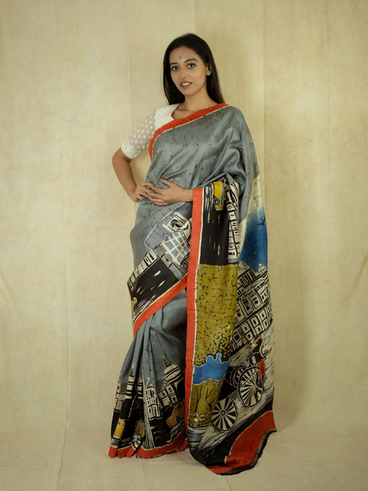 HANDWOVEN GREY COLOUR BATIK SILK SAREE WITH 97 CM BLOUSE PIECE
