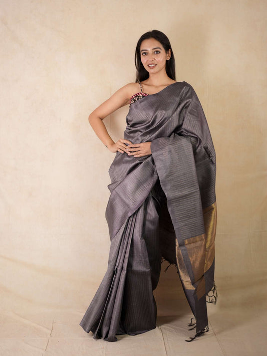 HANDWOVEN GREY COLOUR KOSA SILK SAREE WITH 84 CM BLOUSE PIECE