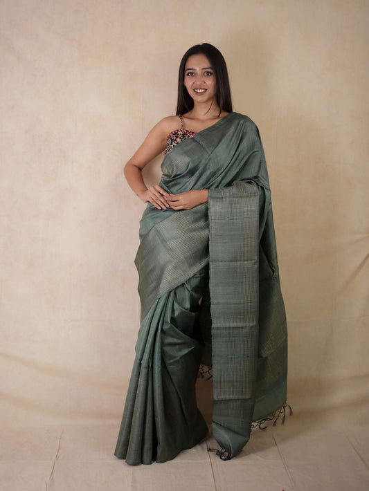 HANDWOVEN GREY- GREEN DUAL TONE KOSA SILK SAREE WITH 89 CM BLOUSE PIECE
