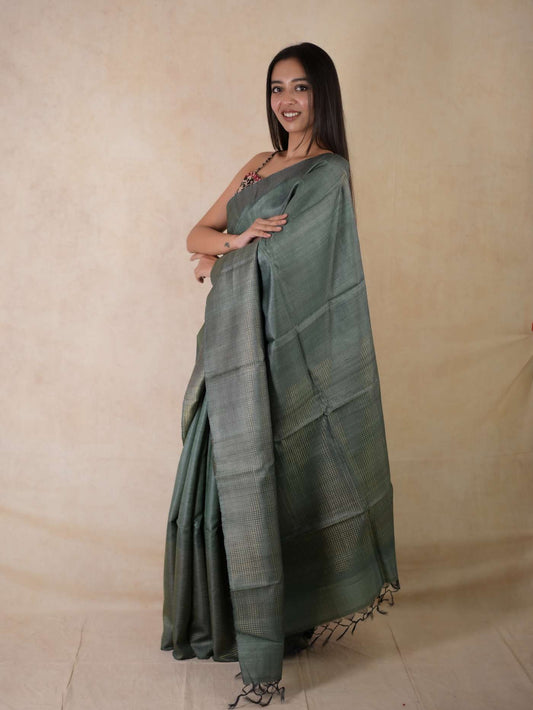 HANDWOVEN GREY- GREEN DUAL TONE KOSA SILK SAREE WITH 89 CM BLOUSE PIECE