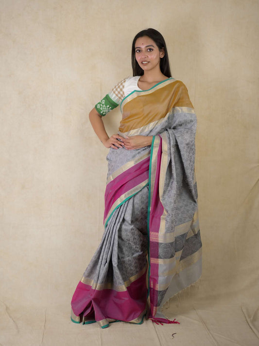 HANDWOVEN LIGHT GREY KANCHIPURAM SILK BY COTTON SAREE WITH 88 CM BLOUSE PIECE