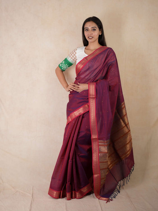 HANDWOVEN MAROON-BLUE DUAL TONE KANCHIPURAM SILK BY COTTON SAREE WITH 88 CM BLOUSE PIECE