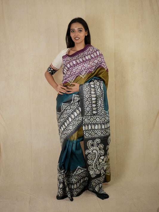 HANDWOVEN MULTI COLOUR KANTHA TUSSAR SILK SAREE WITH 96 CM BLOUSE PIECE