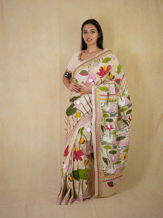 HANDWOVEN OFF-WHITE COLOUR KANTHA TUSSAR SILK SAREE WITH 89 CM BLOUSE PIECE