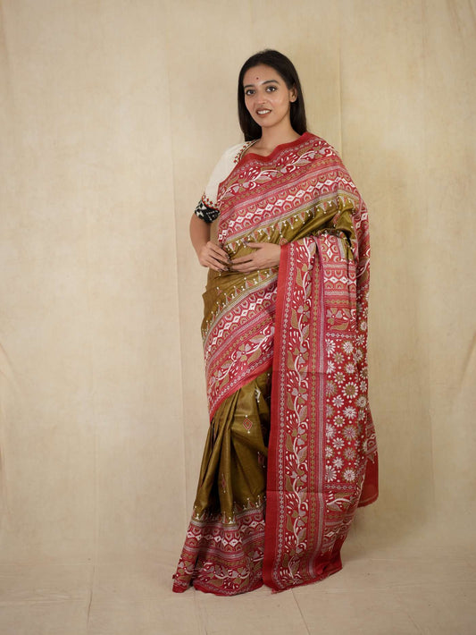 HANDWOVEN OLIVE COLOUR KANTHA TUSSAR SILK SAREE WITH 84 CM BLOUSE PIECE