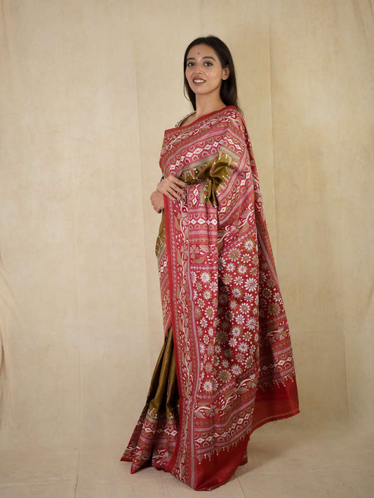 HANDWOVEN OLIVE COLOUR KANTHA TUSSAR SILK SAREE WITH 84 CM BLOUSE PIECE