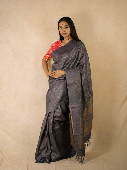 HANDWOVEN OLIVE GREY COLOUR KOSA SILK SAREE WITH 78 CM BLOUSE PIECE