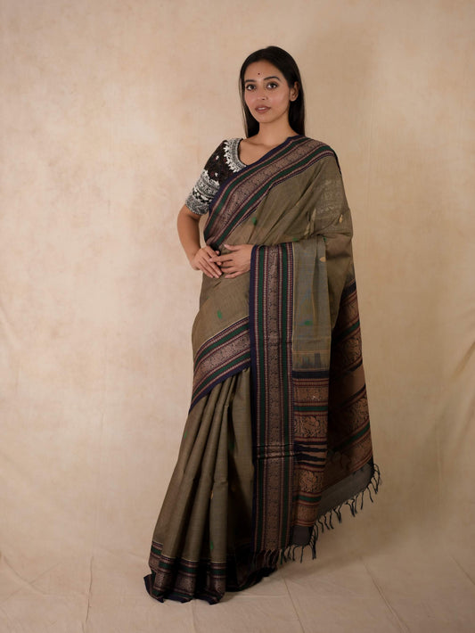 HANDWOVEN OLIVE GREY KANCHI COTTON SAREE WITH 73 CM BLOUSE PIECE