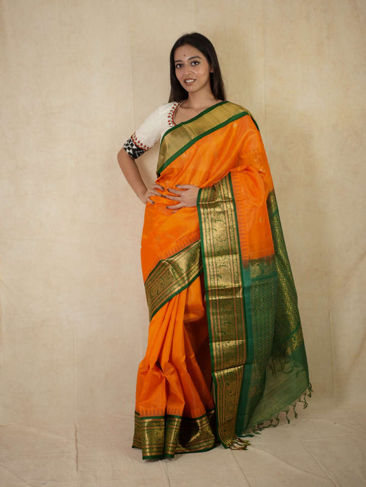 HANDWOVEN ORANGE COLOR KANCHIPURAM SILK BY COTTON SAREE WITH 73 CM BLOUSE PIECE