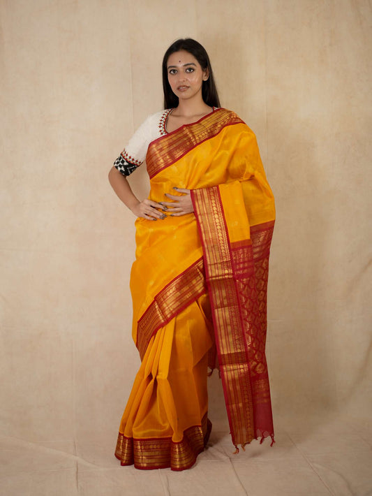 HANDWOVEN ORANGE COLOR KANCHIPURAM SILK BY COTTON SAREE WITH 76 CM BLOUSE PIECE