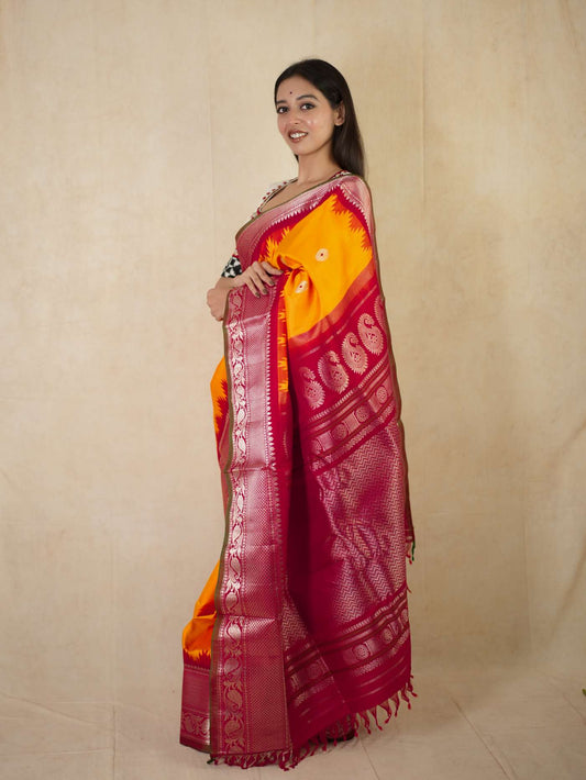 HANDWOVEN ORANGE COLOUR GADWAL SILK BY COTTON SAREE WITH 84 CM BLOUSE PIECE