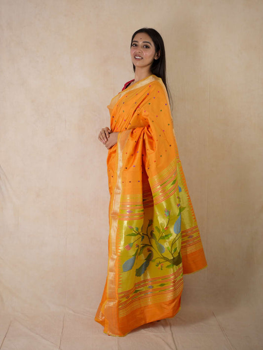 HANDWOVEN ORANGE COLOUR PAITHANI SILK SAREE WITH 90 CM BLOUSE PIECE