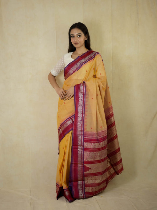 HANDWOVEN PEACH COLOR KANCHIPURAM COTTON SILK SAREE WITH 69 CM BLOUSE PIECE