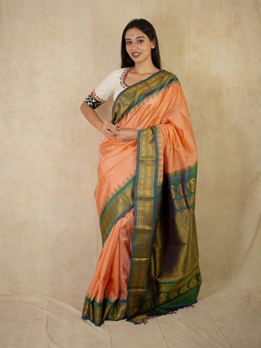 HANDWOVEN PEACHES PINK COLOUR GADWAL SILK SAREE WITH 87 CM BLOUSE PIECE