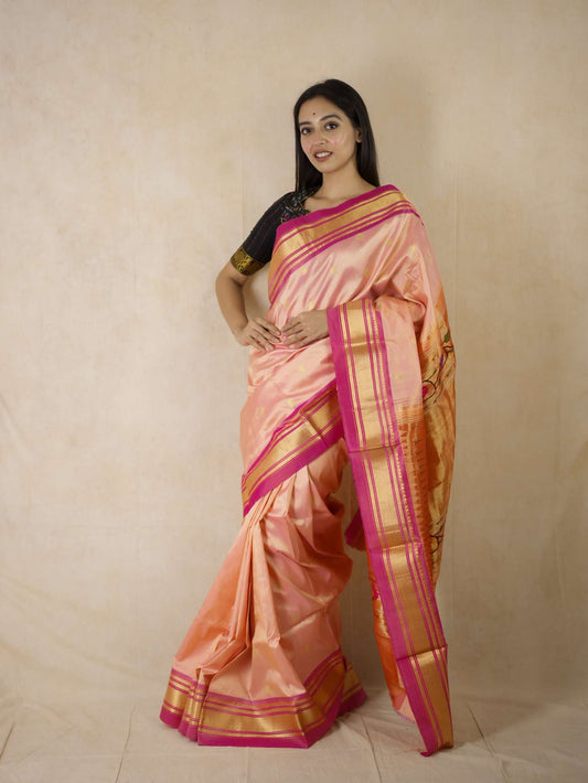 HANDWOVEN PEACHISH PINK COLOUR PAITHANI SILK SAREE WITH 85 CM BLOUSE PIECE