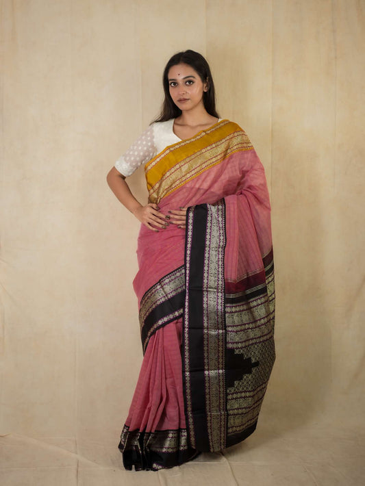 HANDWOVEN PINK COLOR KANCHIPURAM COTTON SILK SAREE WITH 69 CM BLOUSE PIECE