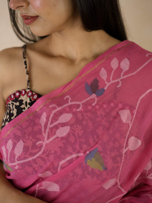 HANDWOVEN PINK COLOUR COTTON JAMDANI SAREE WITH 88 CM BLOUSE PIECE