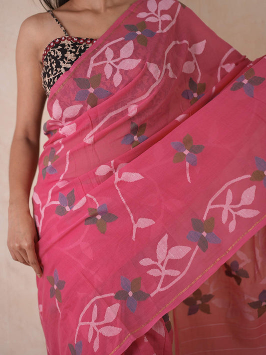 HANDWOVEN PINK COLOUR COTTON JAMDANI SAREE WITH 93 CM BLOUSE PIECE