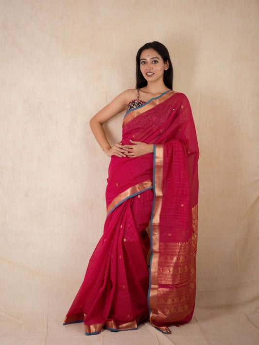 HANDWOVEN PINK COLOUR KANCHI COTTON SAREE WITH 76 CM BLOUSE PIECE