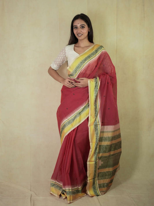HANDWOVEN PINK COLOUR KANCHIPURAM COTTON SILK SAREE WITH 71 CM BLOUSE PIECE