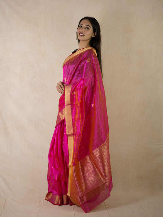 HANDWOVEN PINK & GOLDEN COLOUR CHANDERI SILK SAREE WITH 93 CM BLOUSE PIECE