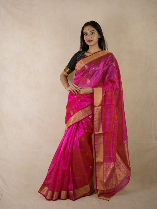 HANDWOVEN PINK & GOLDEN COLOUR CHANDERI SILK SAREE WITH 93 CM BLOUSE PIECE