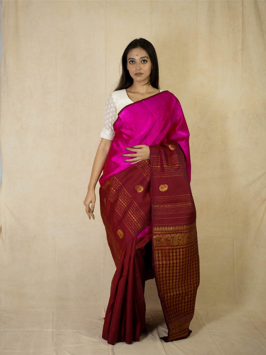 HANDWOVEN PINK & MAROON COLOUR KANJEEVARAM SILK SAREE WITH 80 CM BLOUSE PIECE