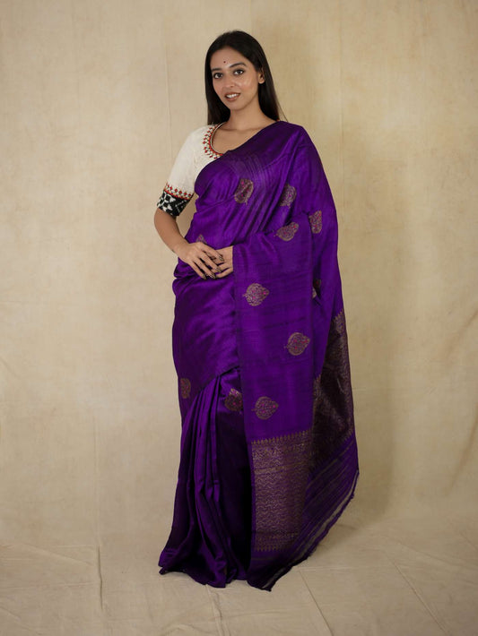 HANDWOVEN PURPLE COLOUR DUPION TUSSAR BENARASI SAREE WITH 91 CM BLOUSE PICES