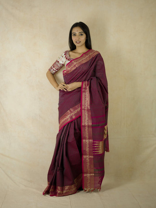 HANDWOVEN PURPLE COLOUR KANCHI COTTON SAREE WITH 64 CM BLOUSE PIECE