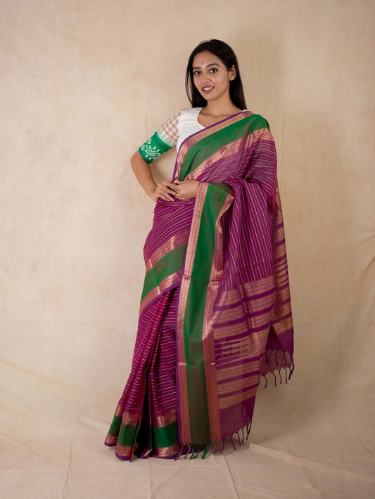 HANDWOVEN PURPLE COLOUR KANCHIPURAM SILK BY COTTON SAREE WITH 75 CM BLOUSE PIECE